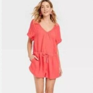 NEW Universal Thread linen blend red shortall romper sz M